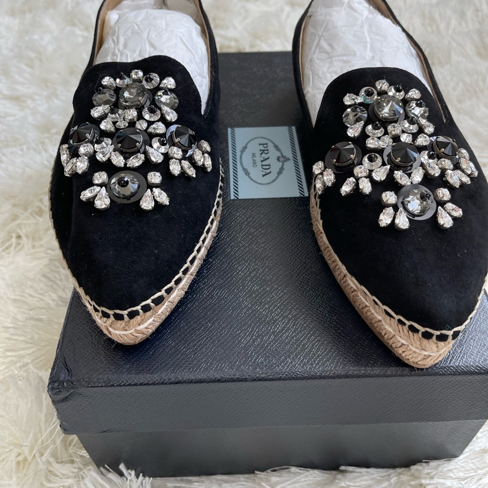 BRAND NEW Prada Women's Black Crystal Embellished Suede Espadrilles